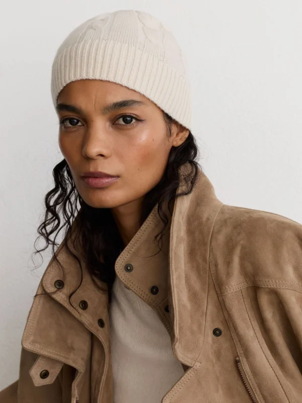 Reiss Cream Wool-blend Cable-knit Beanie with Cashmere,