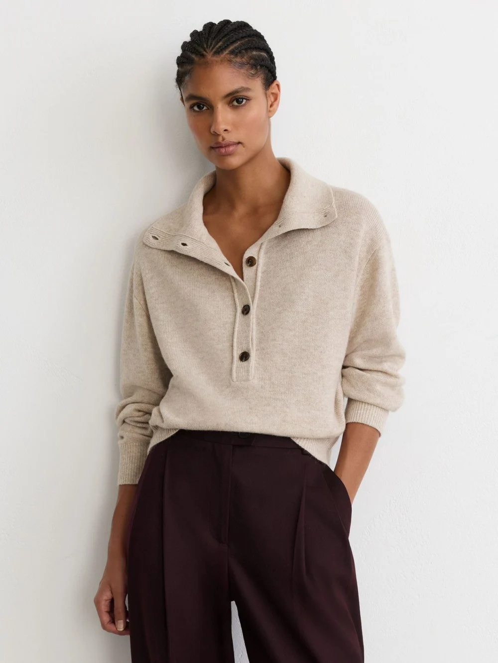 Reiss Cream Wool-cashmere Half-button Jumper