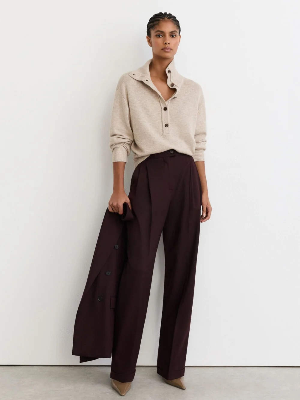 Reiss Cream Wool-cashmere Half-button Jumper, view 3