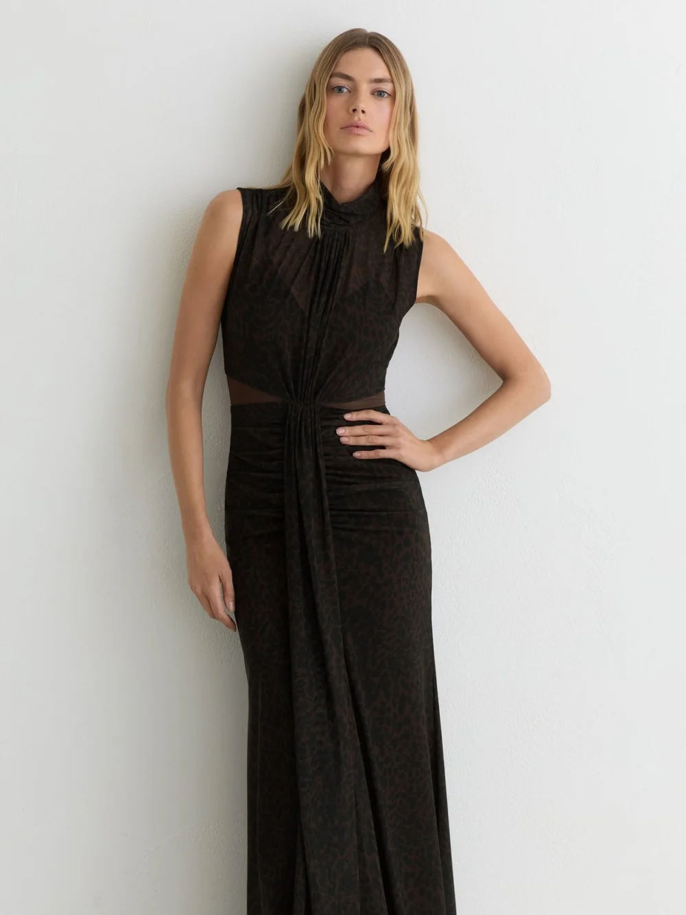 Reiss Danielle Animal-print Daniella Sheer Ruched Maxi Dress, 6, view 3