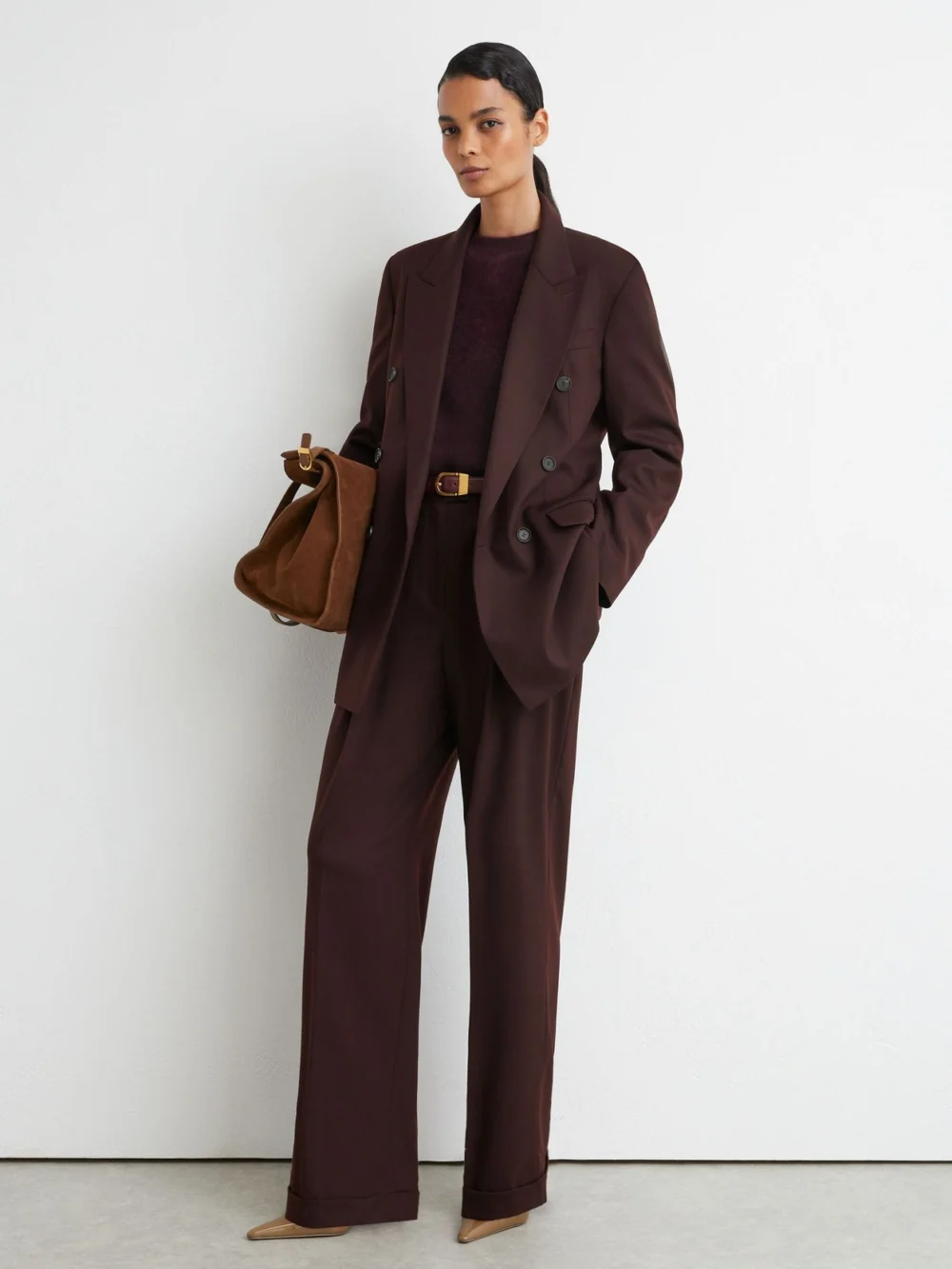 Reiss Dark Aubergine Wool-blend Double-breasted Oversized Suit Blazer, view 3