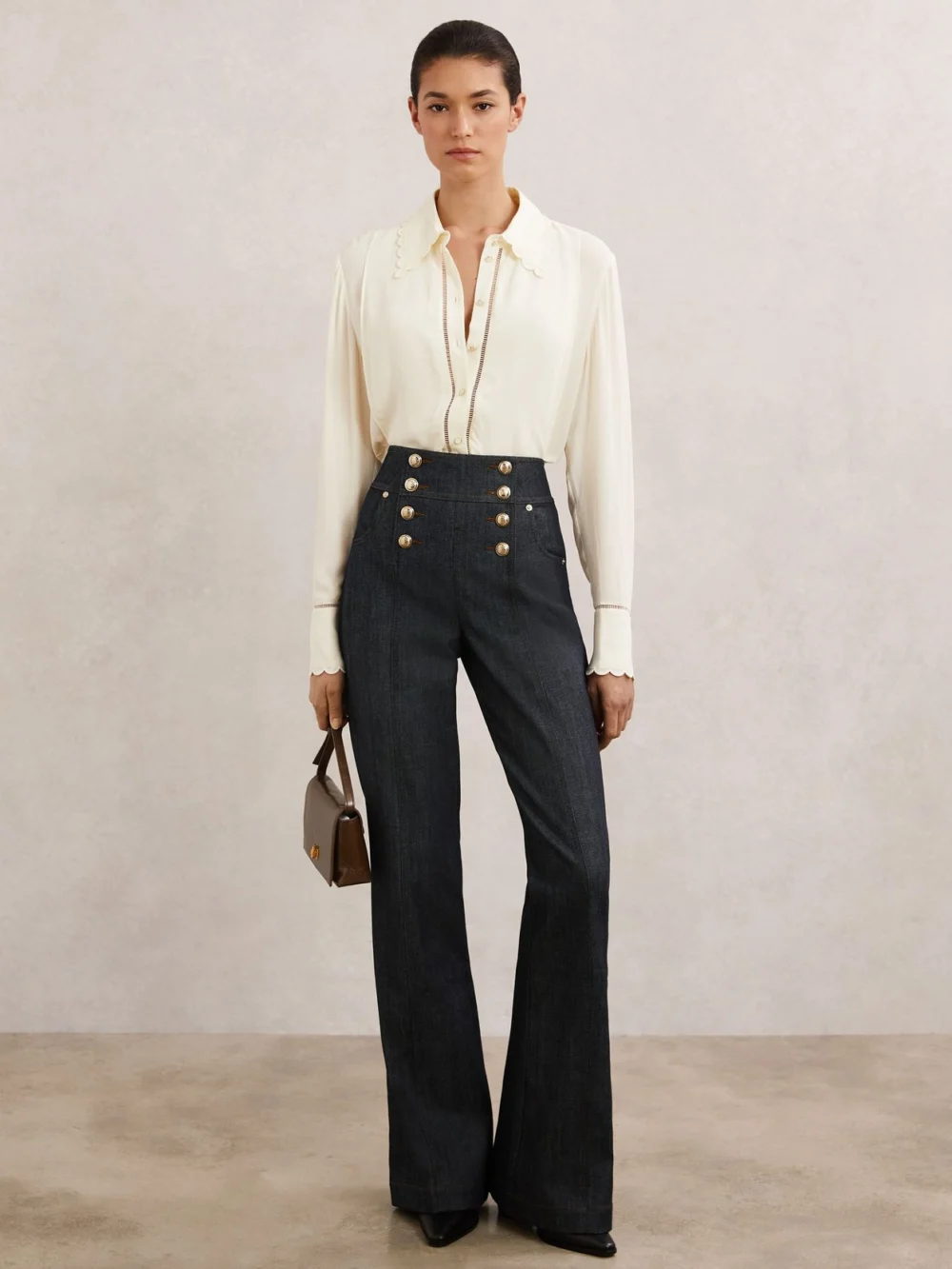 Reiss Dark Blue Button-detail Flared Jeans