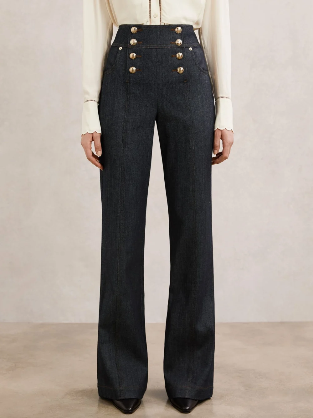 Reiss Dark Blue Button-detail Flared Jeans, view 3