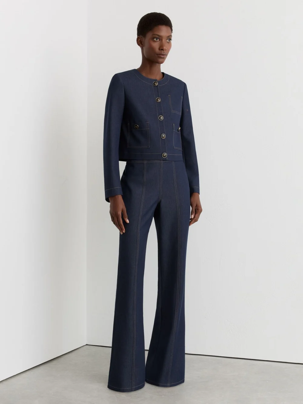 Reiss Dark Blue Collarless Denim-look Cropped Jacket, view 3