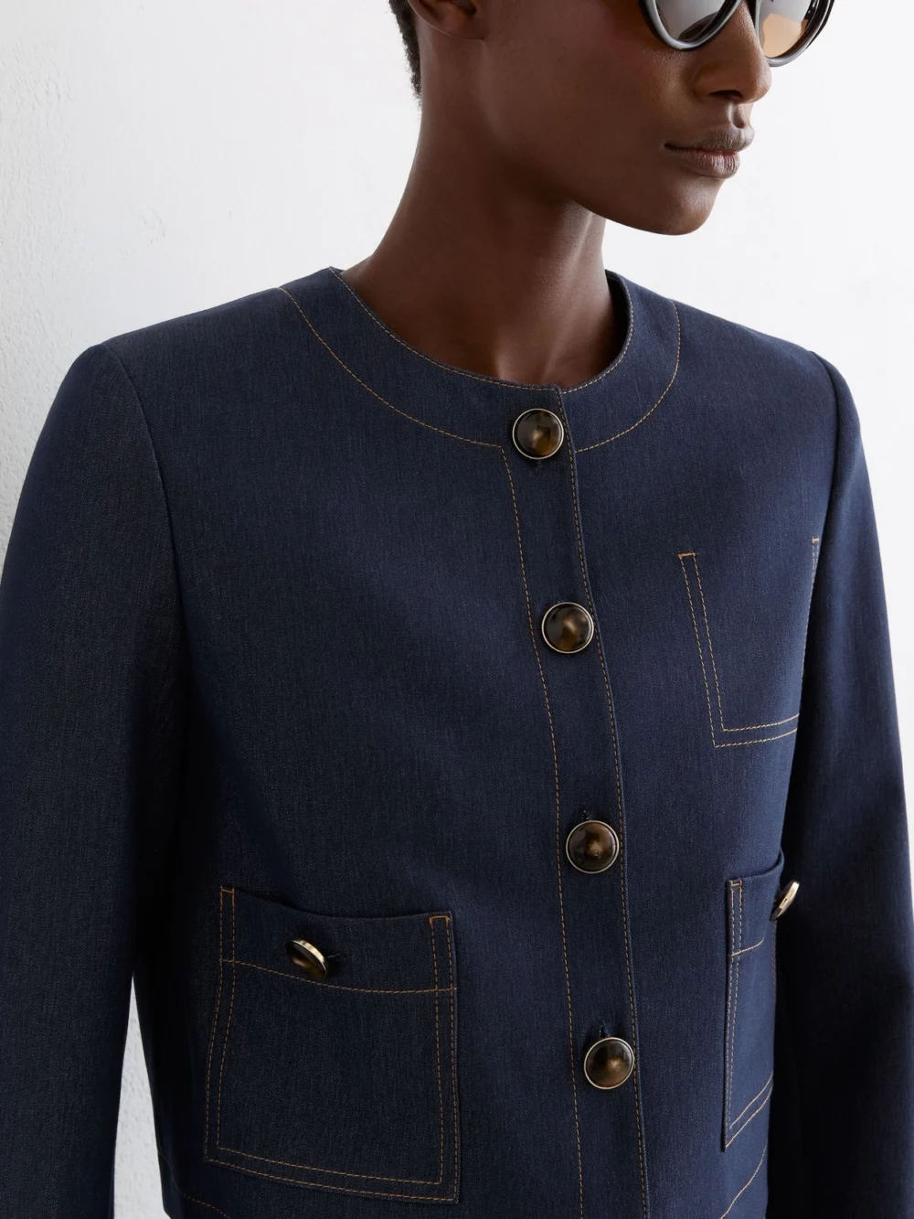 Reiss Dark Blue Collarless Denim-look Cropped Jacket, view 4