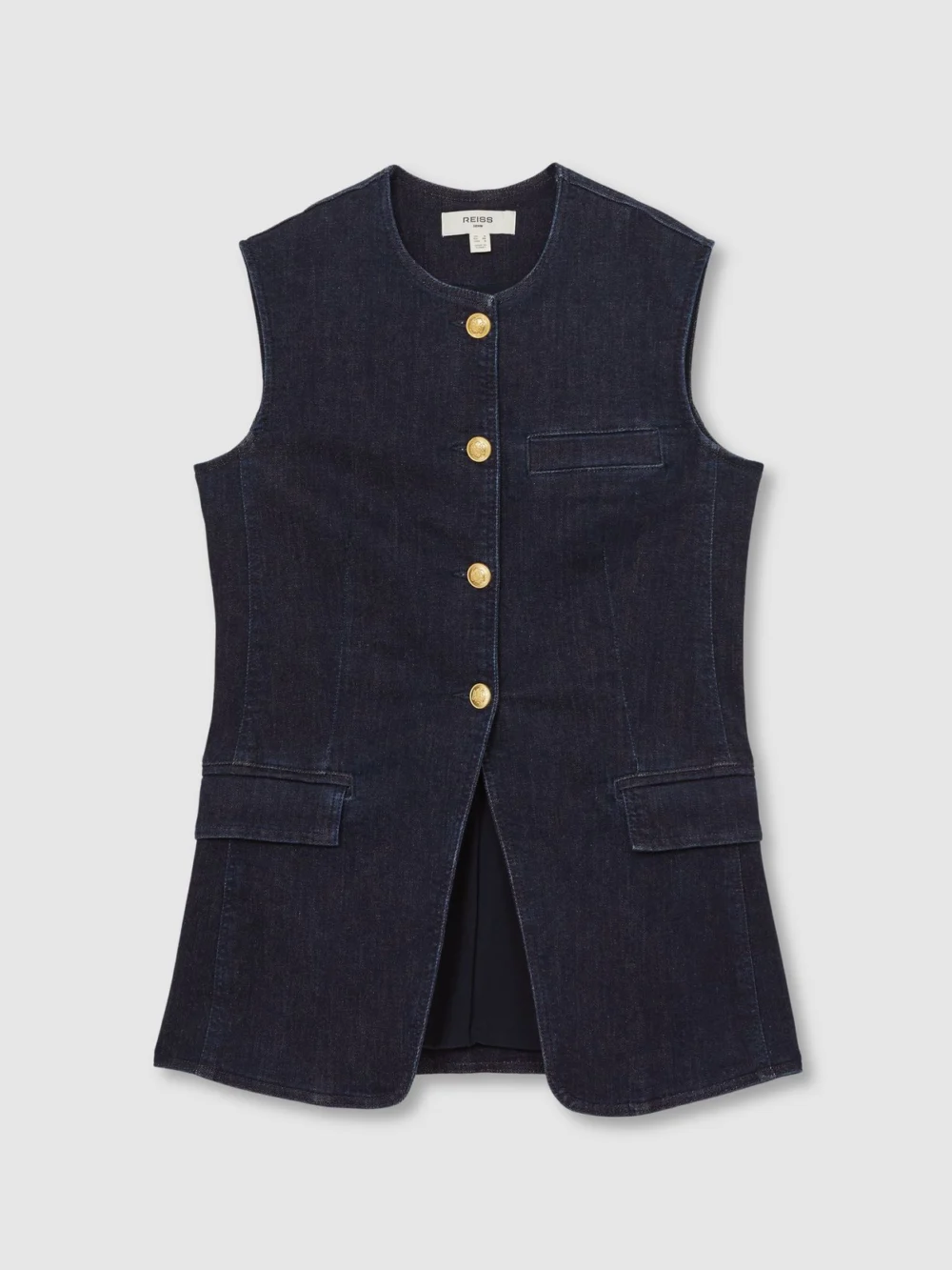 Reiss Dark Blue Denim Long-line Waistcoat, view 2