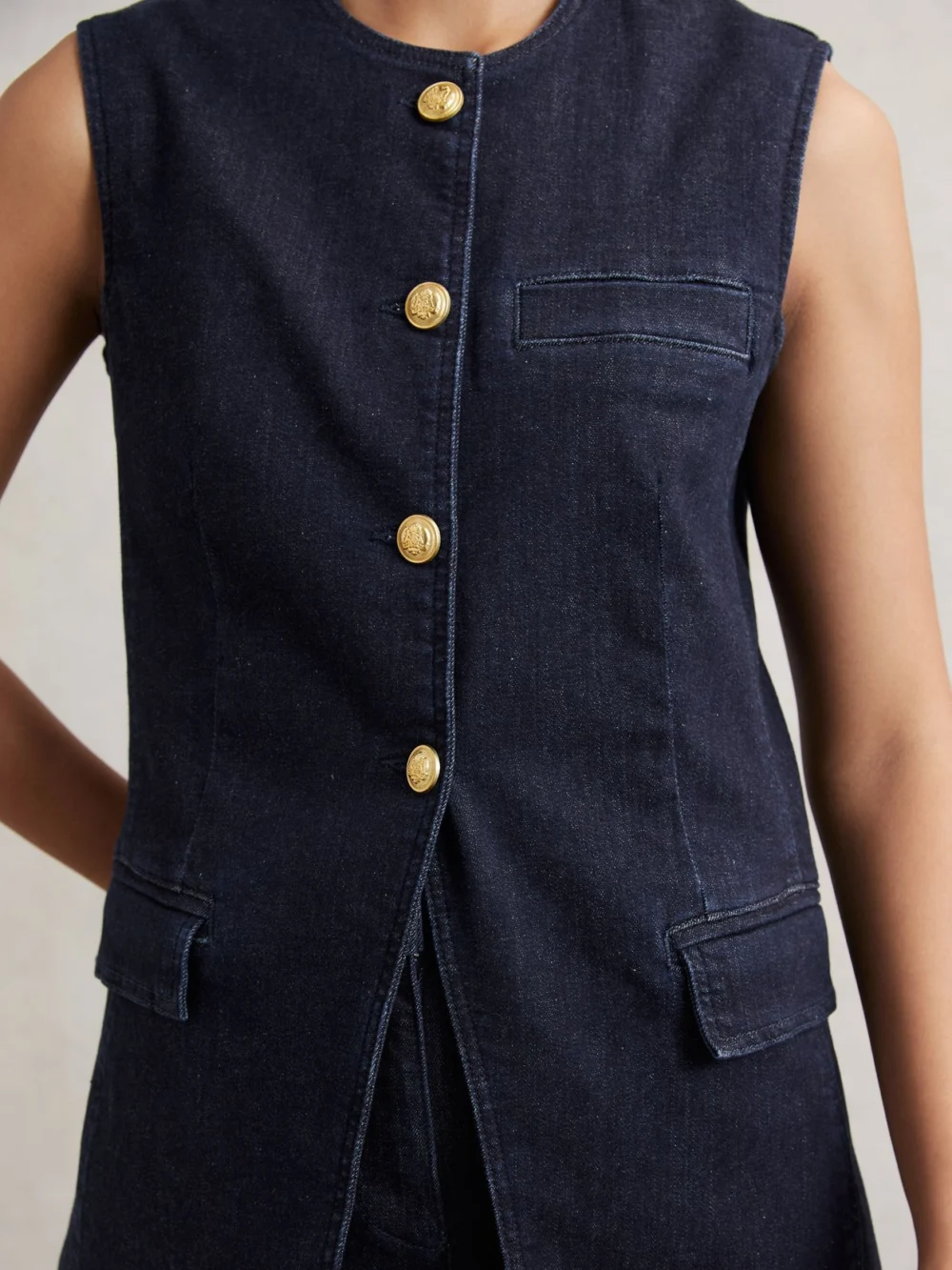 Reiss Dark Blue Denim Long-line Waistcoat, view 3