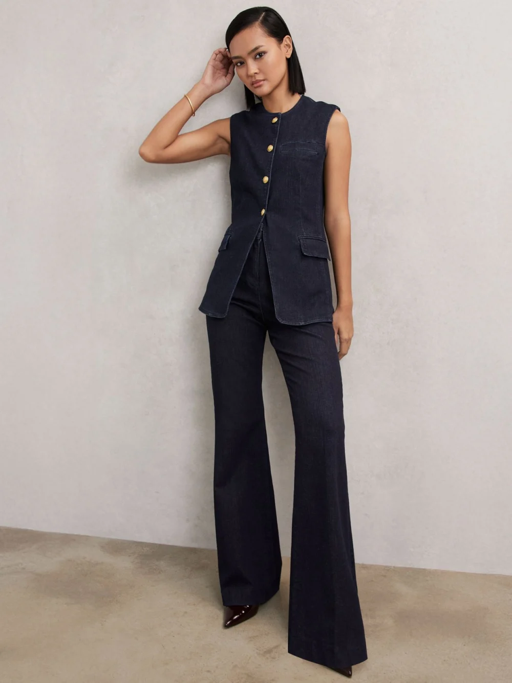 Reiss Dark Blue Denim Long-line Waistcoat, view 4