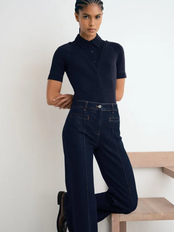 Reiss Dark Blue Pintuck-detail Flared Jeans