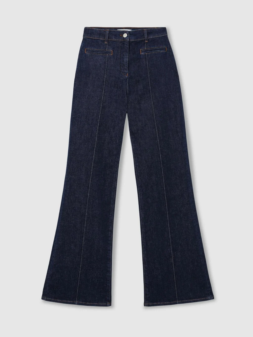 Reiss Dark Blue Pintuck-detail Flared Jeans, view 2