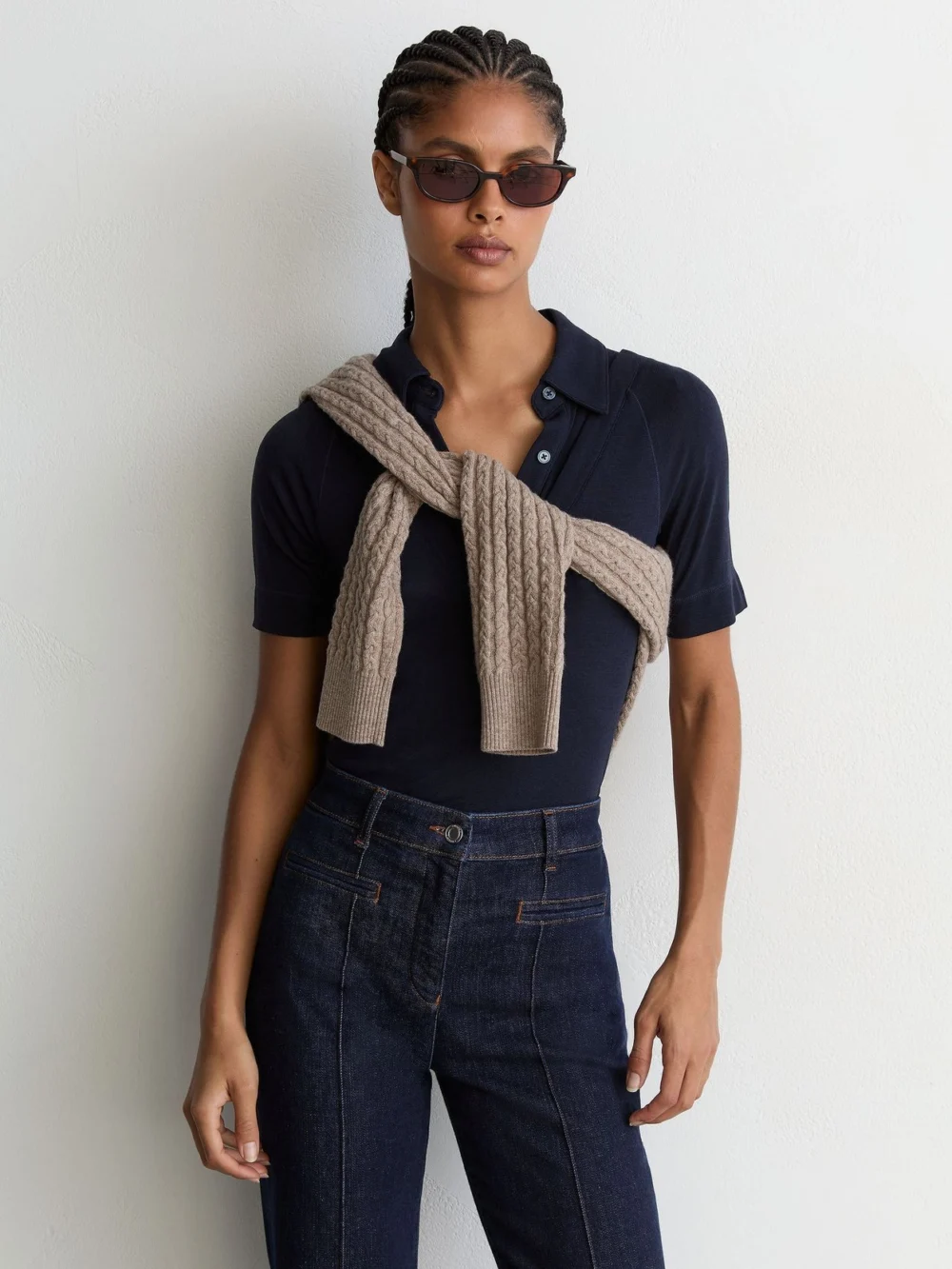 Reiss Dark Blue Pintuck-detail Flared Jeans, view 4
