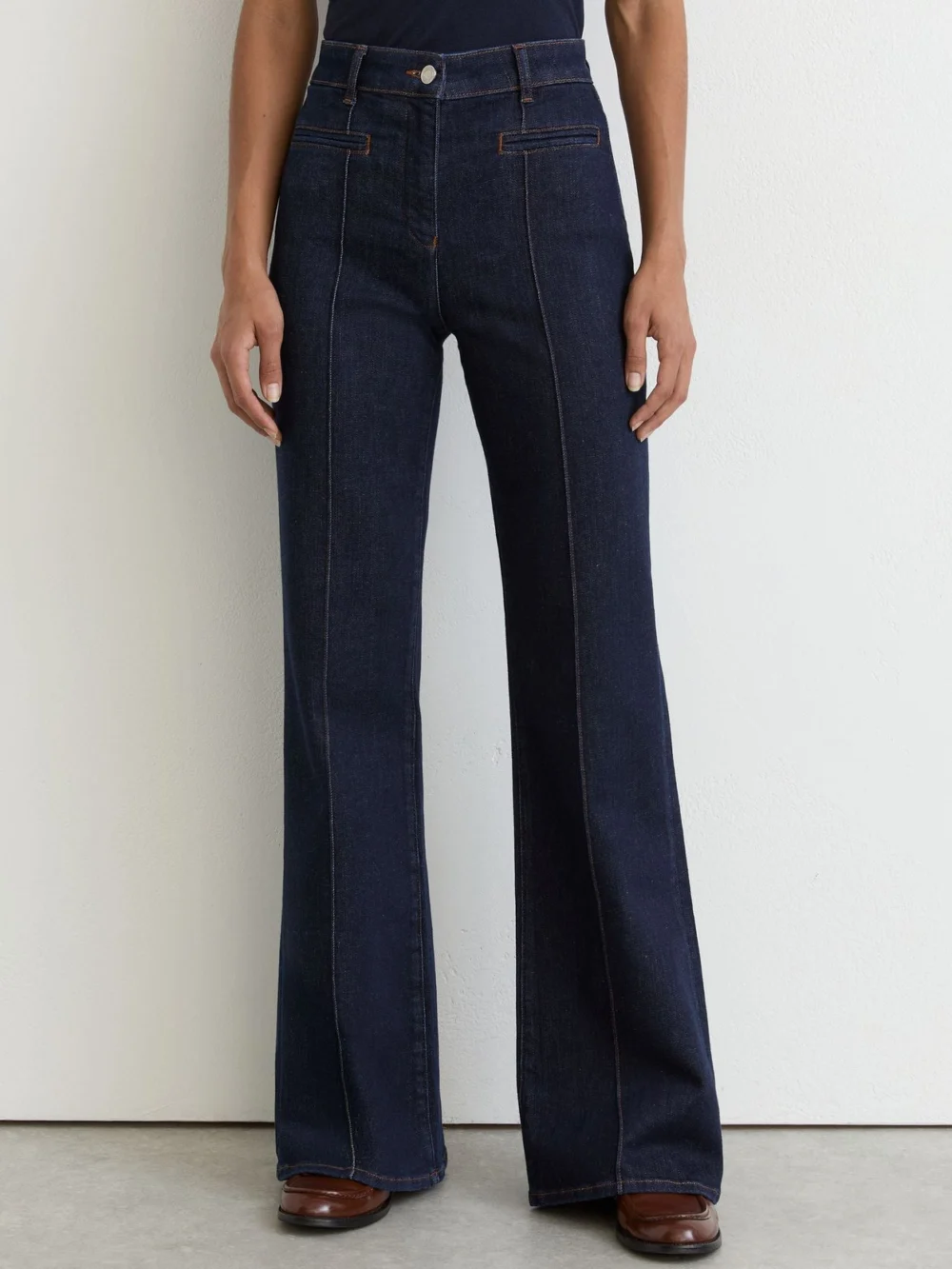 Reiss Dark Blue Pintuck-detail Flared Jeans, view 5