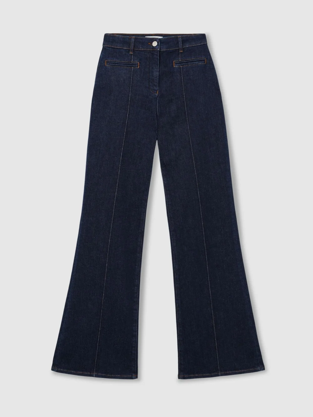 Reiss Dark Blue Pintuck-detail Flared Jeans, view 6