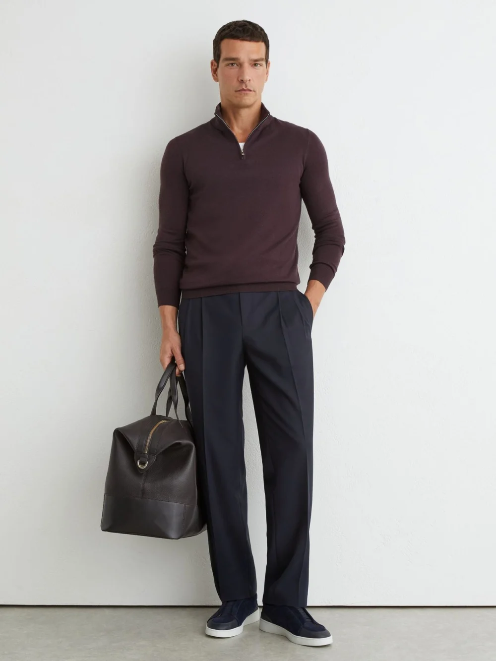 Reiss Dark Bordeaux Merino Wool Half-zip Jumper, view 3