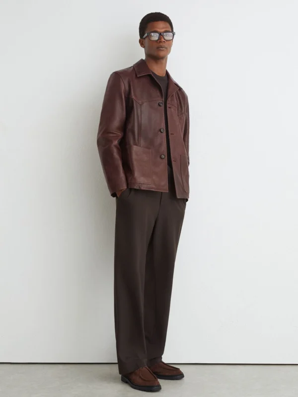 Reiss Dark Brown Burnished-leather Button-through Jacket