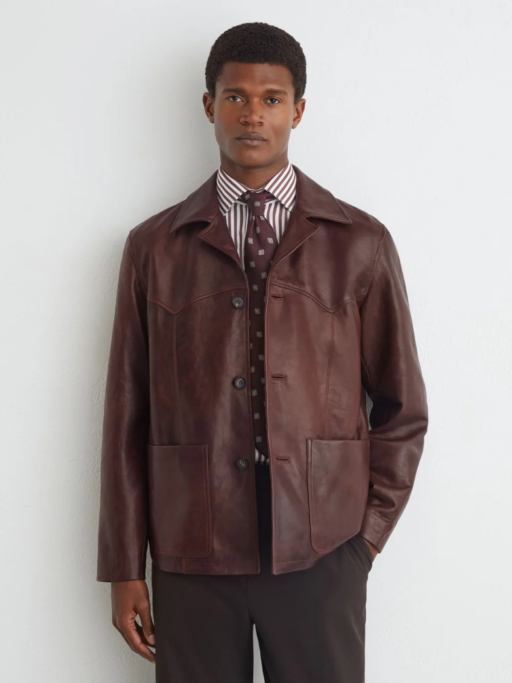 Reiss Dark Brown Burnished-leather Button-through Jacket, view 4