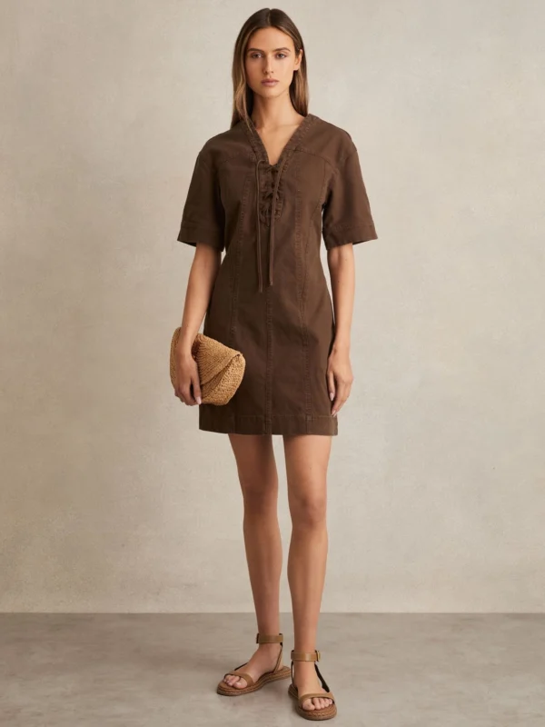 Reiss Dark Brown Cotton Lace Up Denim Shirt Dress