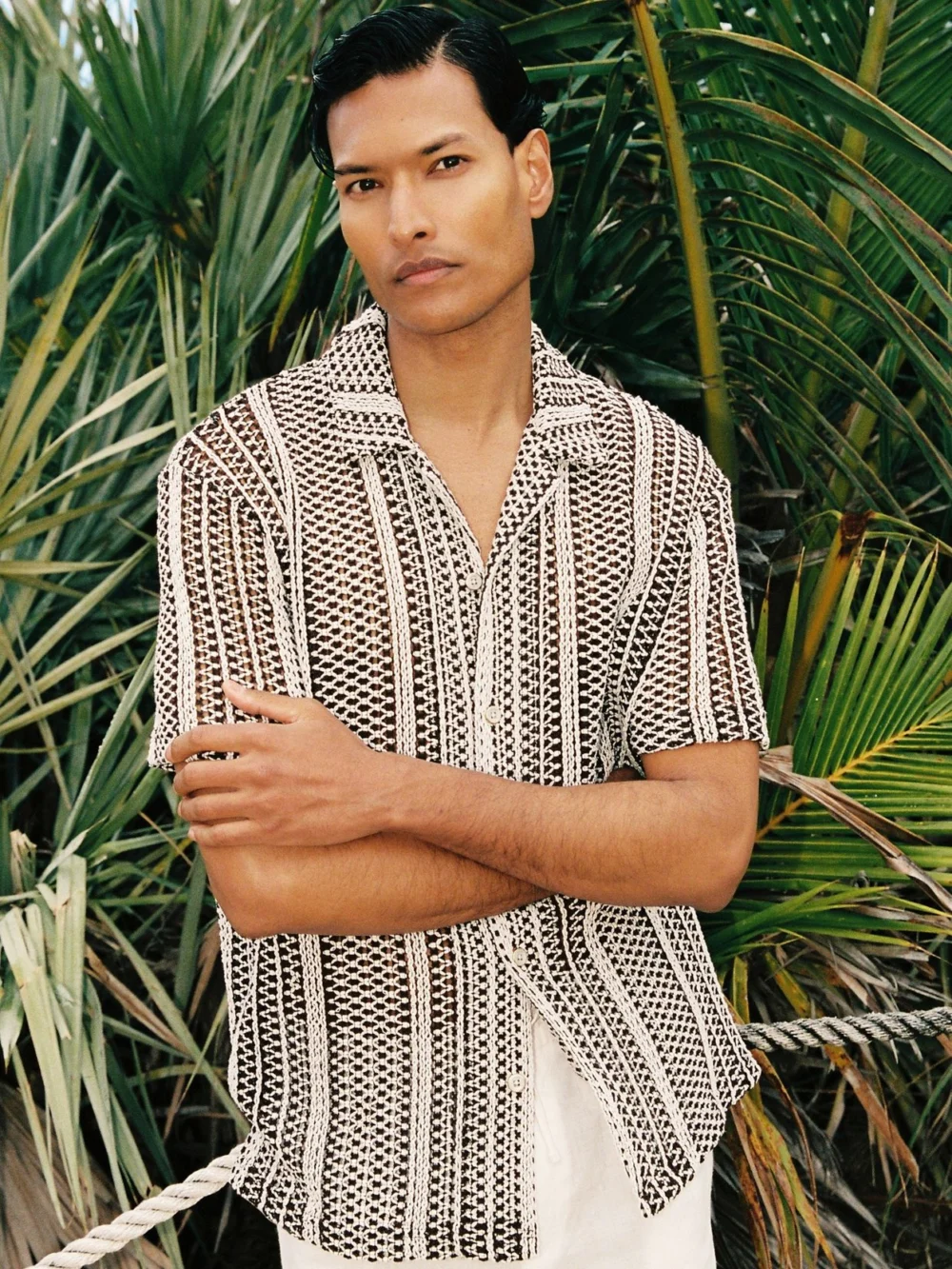 Reiss Dark Brown Crochet Stripe Cuban-collar Shirt