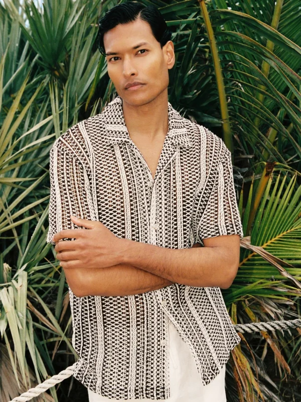 Reiss Dark Brown Crochet Stripe Cuban-collar Shirt