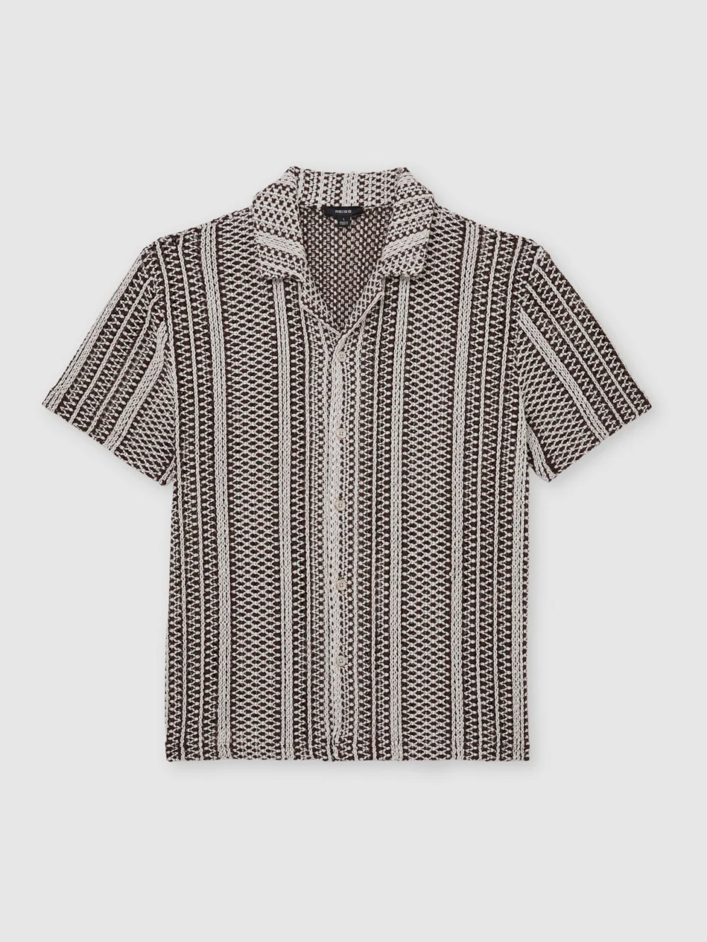 Reiss Dark Brown Crochet Stripe Cuban-collar Shirt, view 2