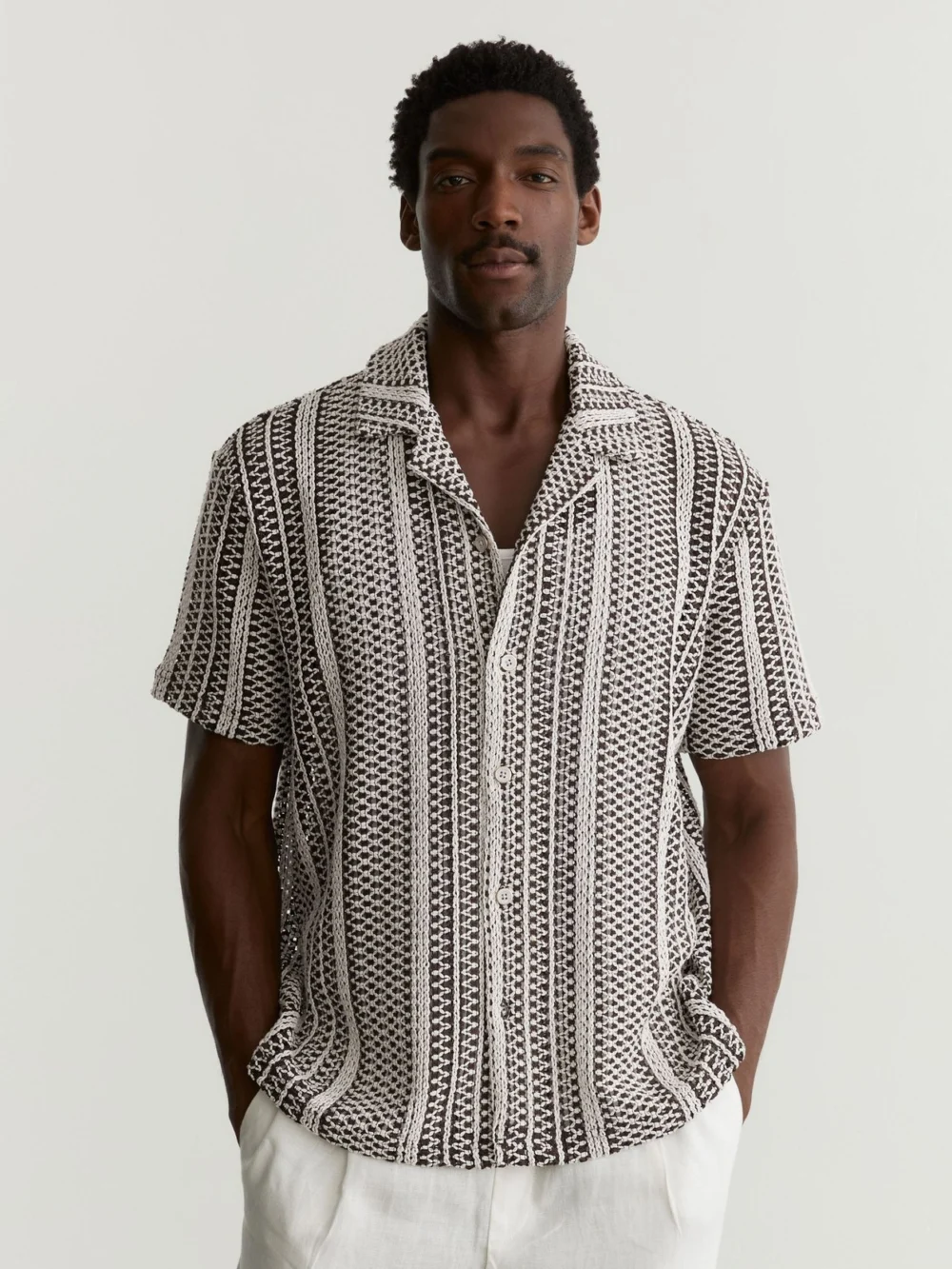Reiss Dark Brown Crochet Stripe Cuban-collar Shirt, view 3