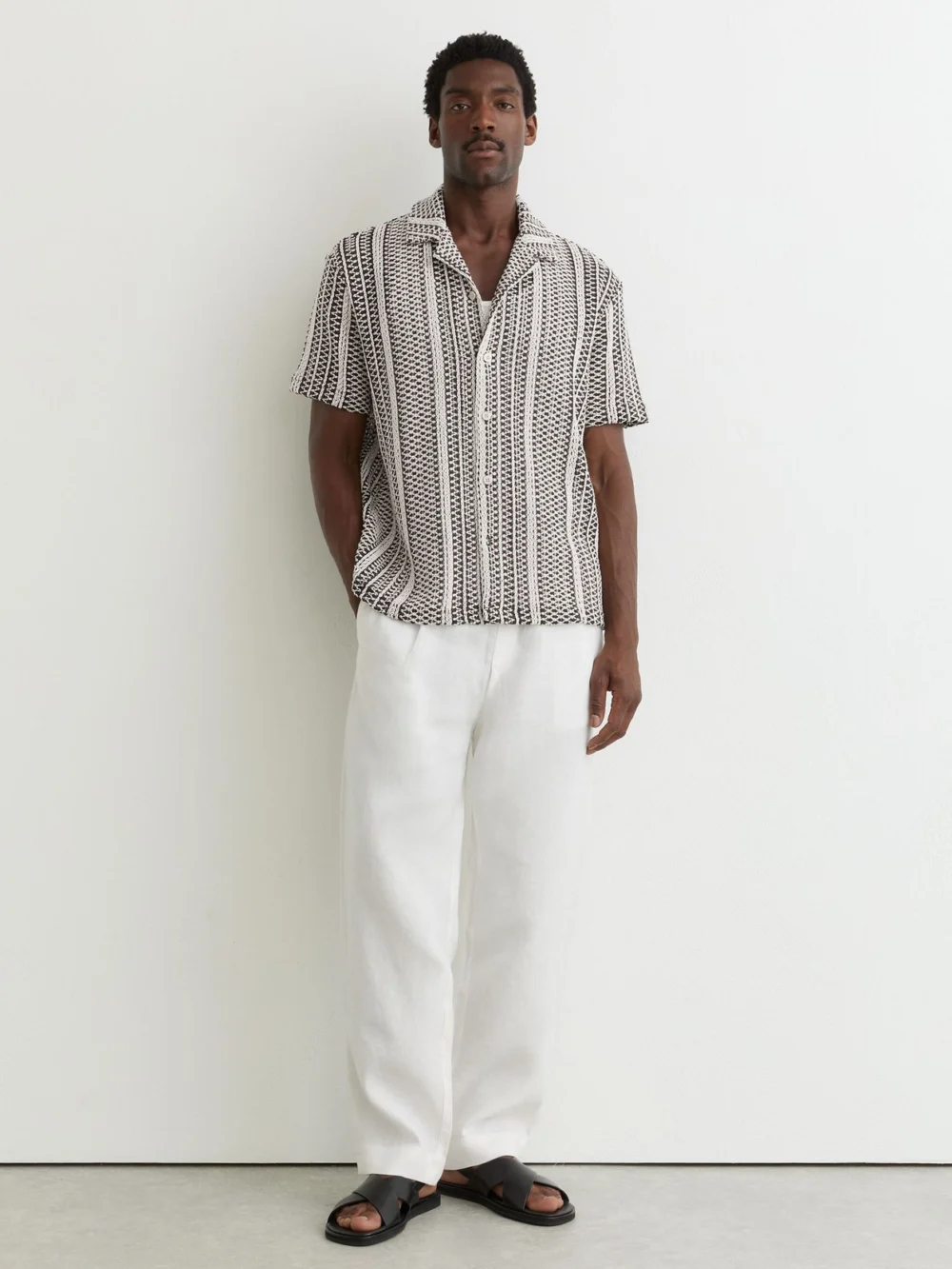 Reiss Dark Brown Crochet Stripe Cuban-collar Shirt, view 4