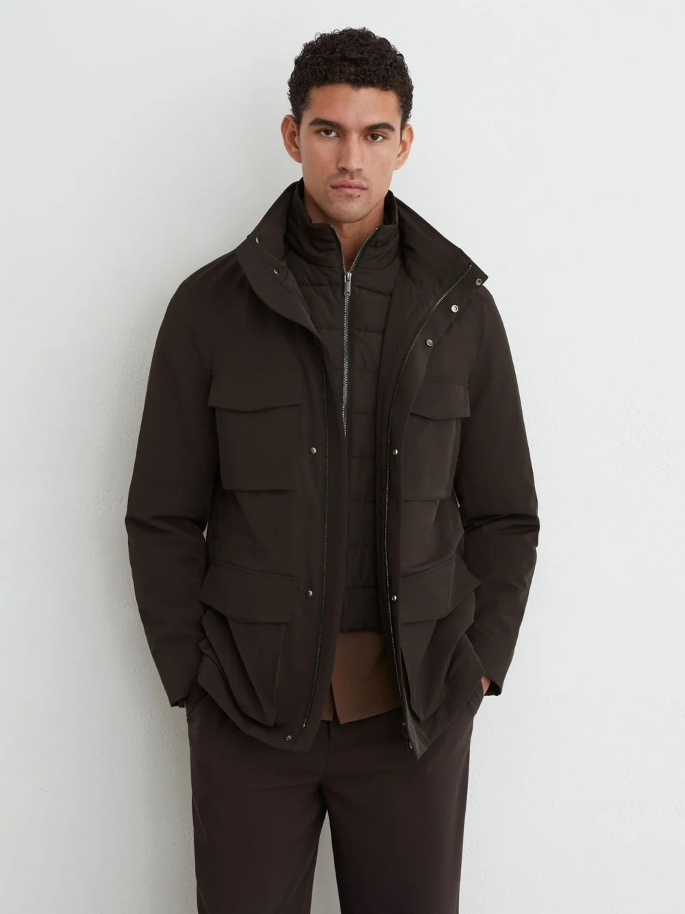 Reiss Dark Brown Four-pocket Hooded Jacket with Removable Gilet