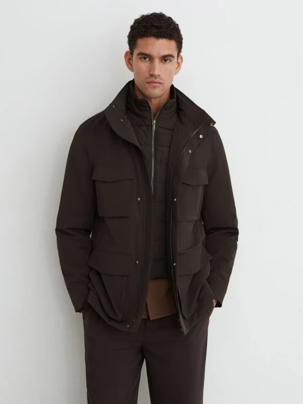 Reiss Dark Brown Four-pocket Hooded Jacket with Removable Gilet