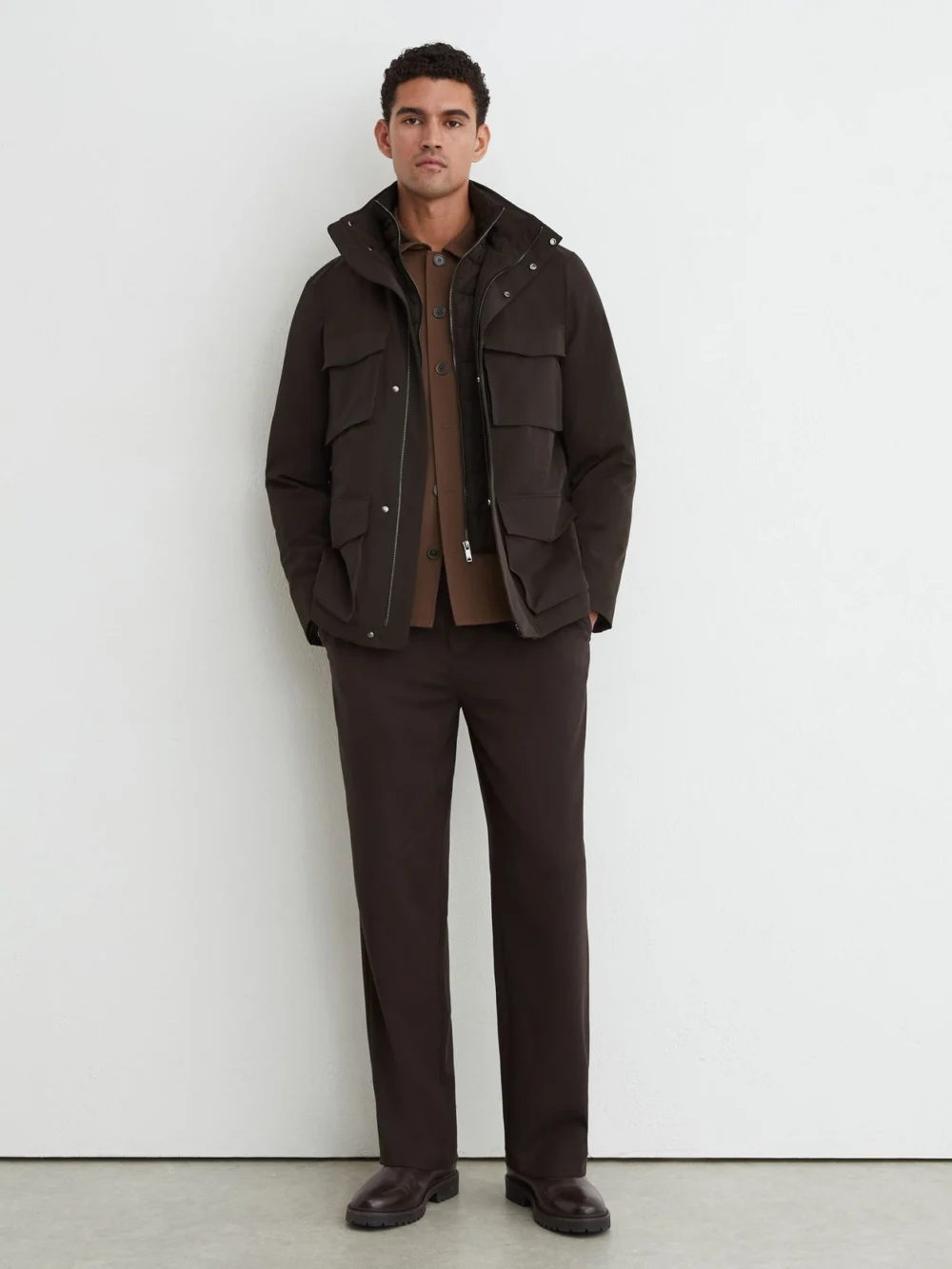 Reiss Dark Brown Four-pocket Hooded Jacket with Removable Gilet, view 3