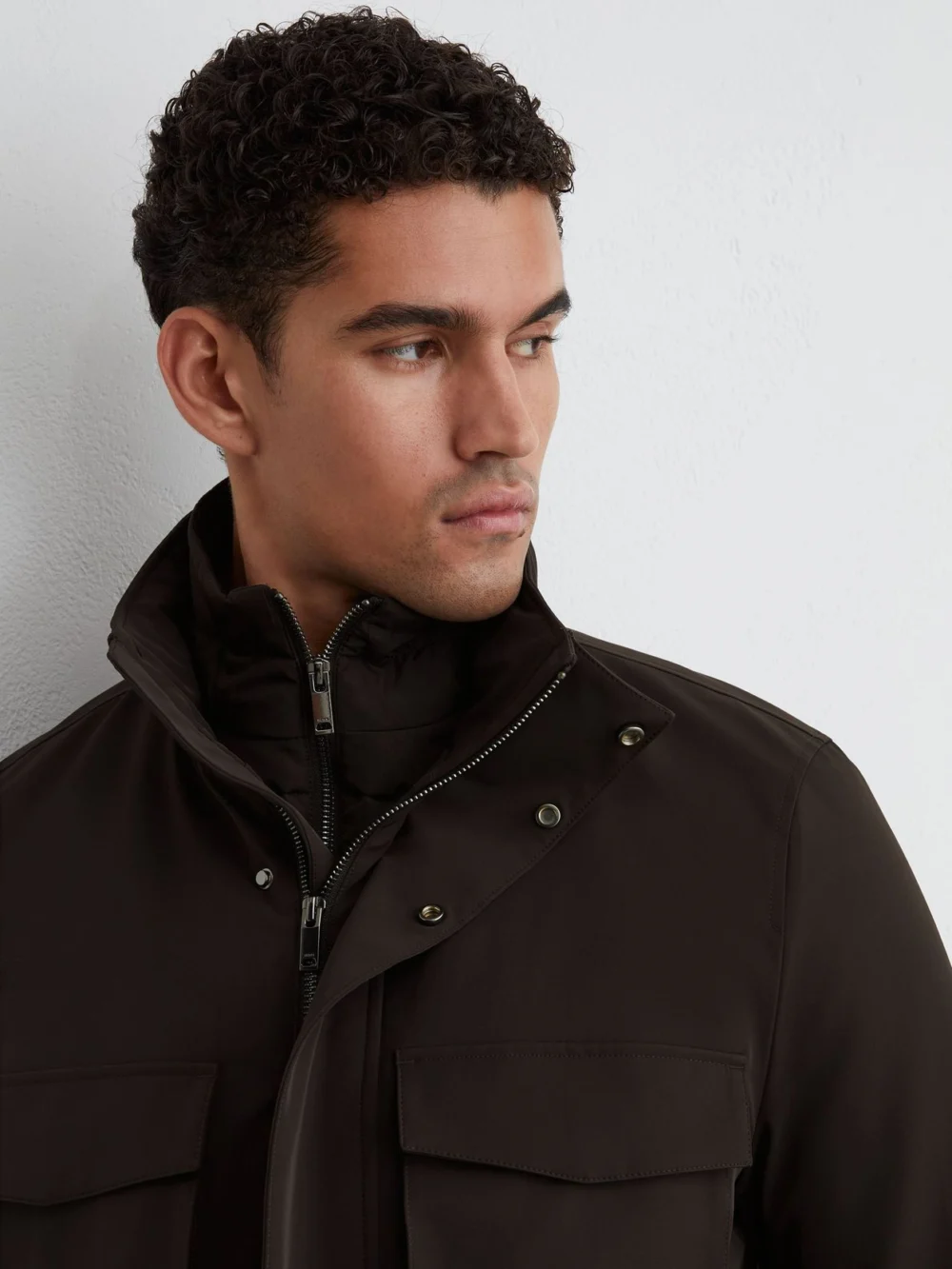 Reiss Dark Brown Four-pocket Hooded Jacket with Removable Gilet, view 4