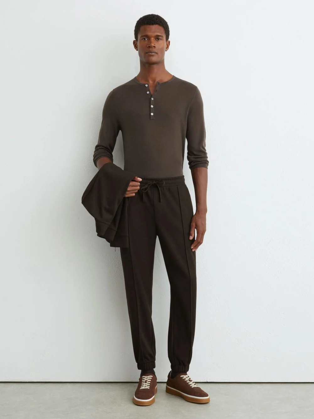Reiss Dark Brown Gray Herringbone Cuffed Drawstring Joggers