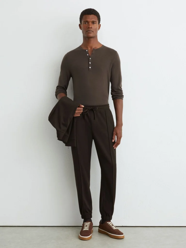 Reiss Dark Brown Gray Herringbone Cuffed Drawstring Joggers