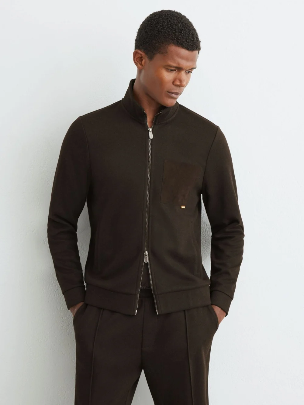Reiss Dark Brown Gray Herringbone Patch-pocket Zip-through