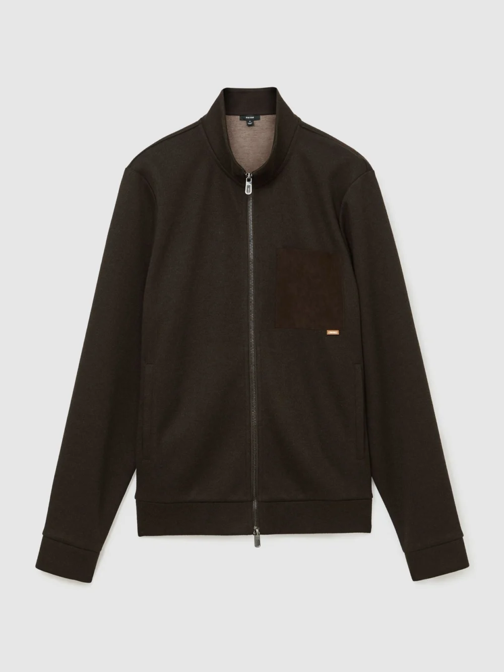Reiss Dark Brown Gray Herringbone Patch-pocket Zip-through, view 2
