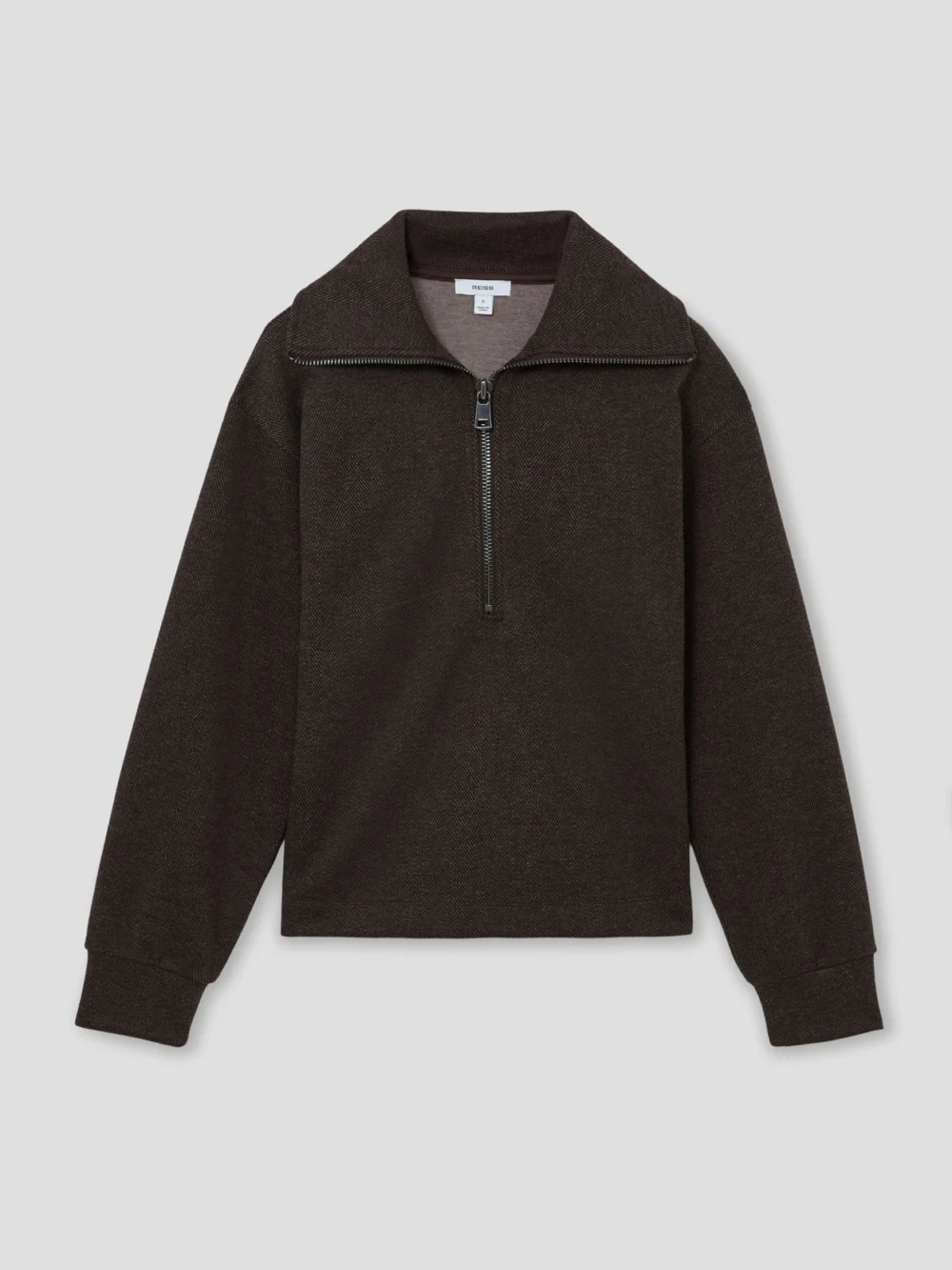 Reiss Dark Brown Herringbone Half-zip Sweatshirt, view 2