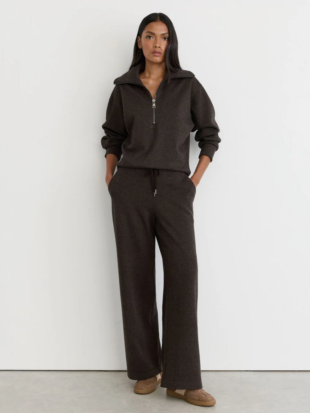Reiss Dark Brown Herringbone Half-zip Sweatshirt, view 3