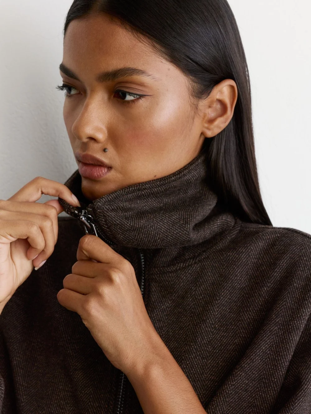 Reiss Dark Brown Herringbone Half-zip Sweatshirt, view 4