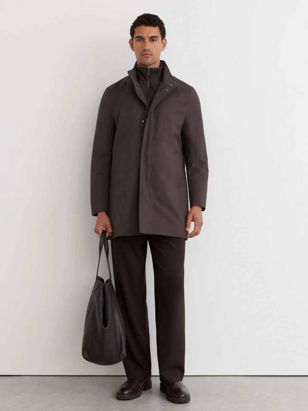 Reiss Dark Brown Hybrid Gilet-insert Funnel-neck Overcoat, view 3