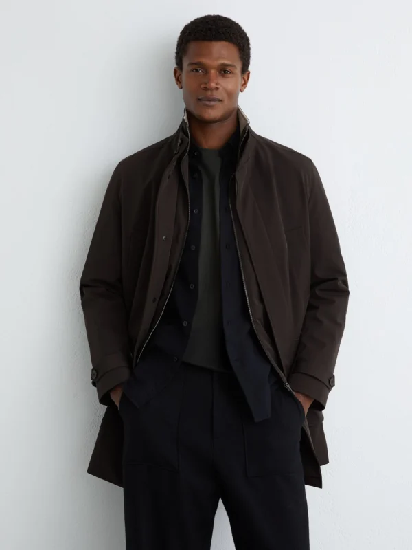 Reiss Dark Brown Hybrid Overcoat with Removable Gilet