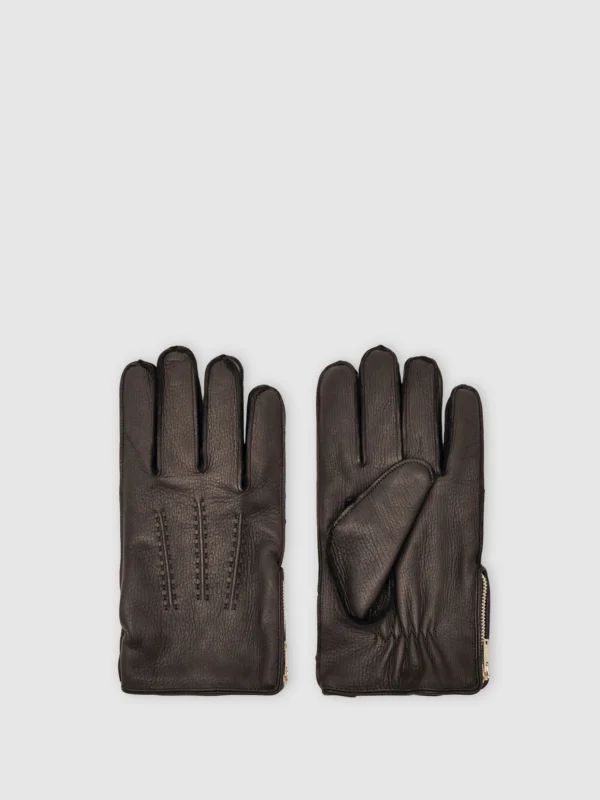 Reiss Dark Brown Iowa Leather Zip-side Gloves