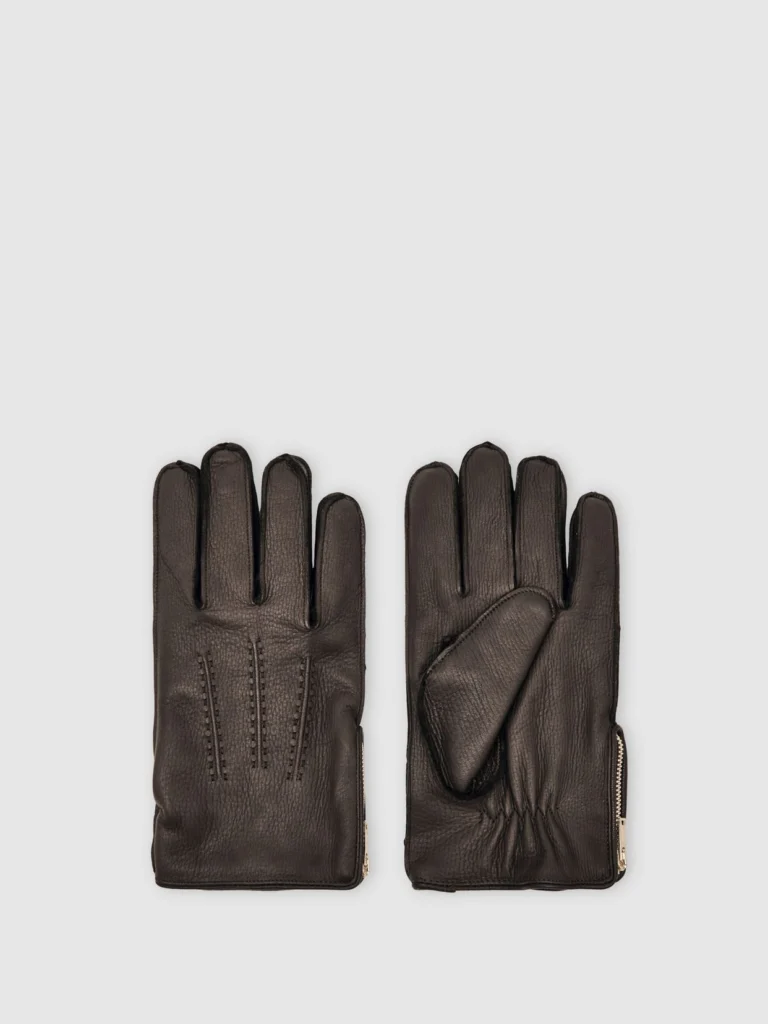 Reiss Dark Brown Iowa Leather Zip-side Gloves