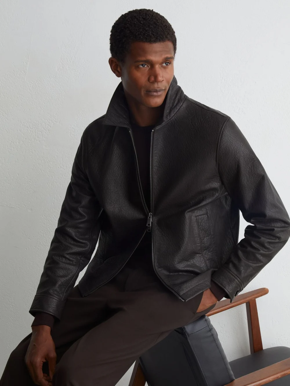 Reiss Dark Brown Leather Collared Zip-through Jacket