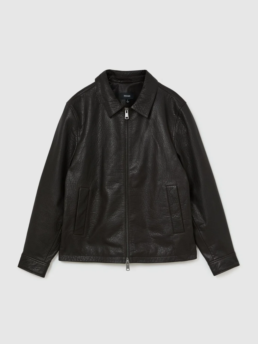 Reiss Dark Brown Leather Collared Zip-through Jacket, view 2