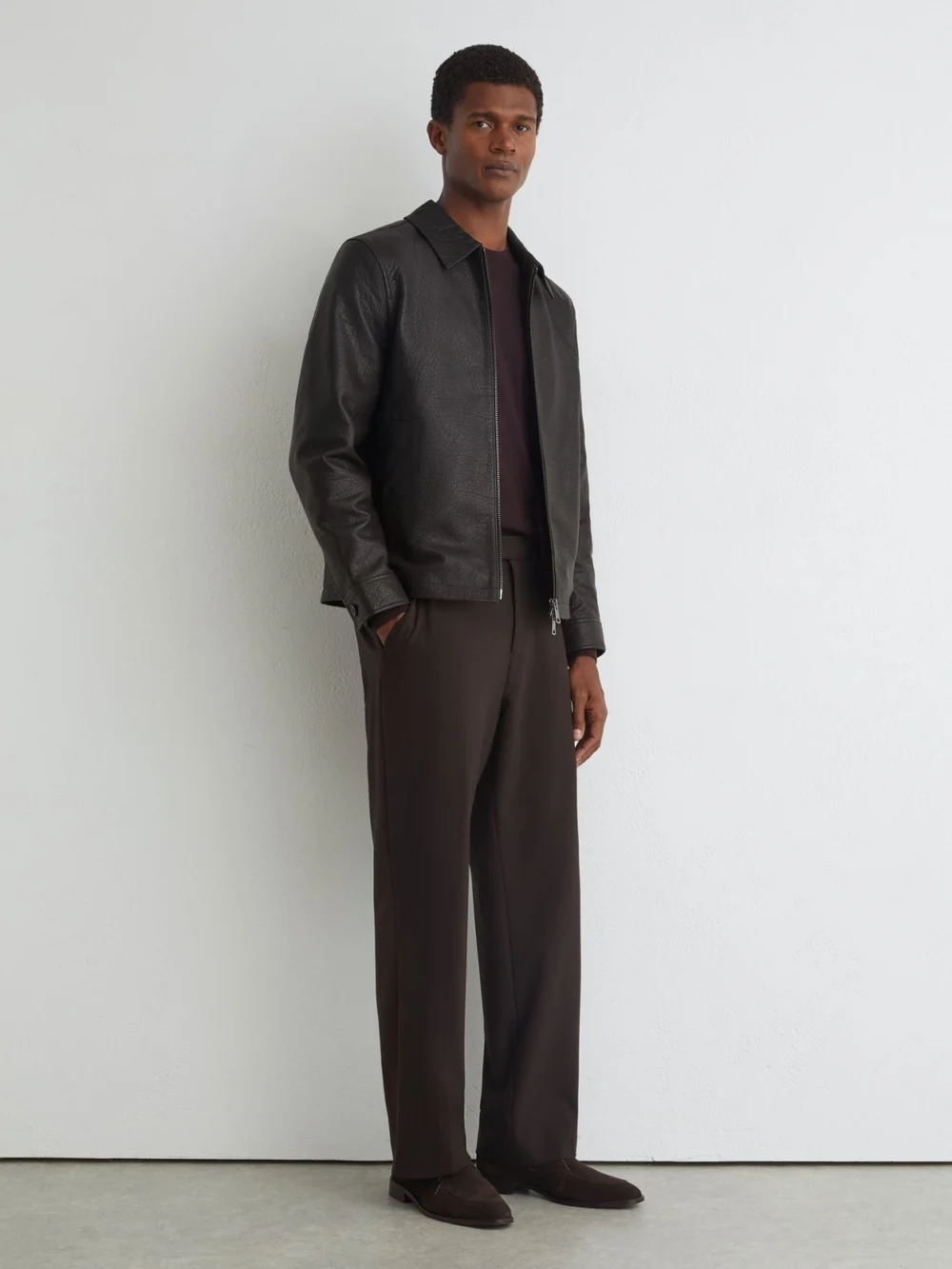 Reiss Dark Brown Leather Collared Zip-through Jacket, view 3