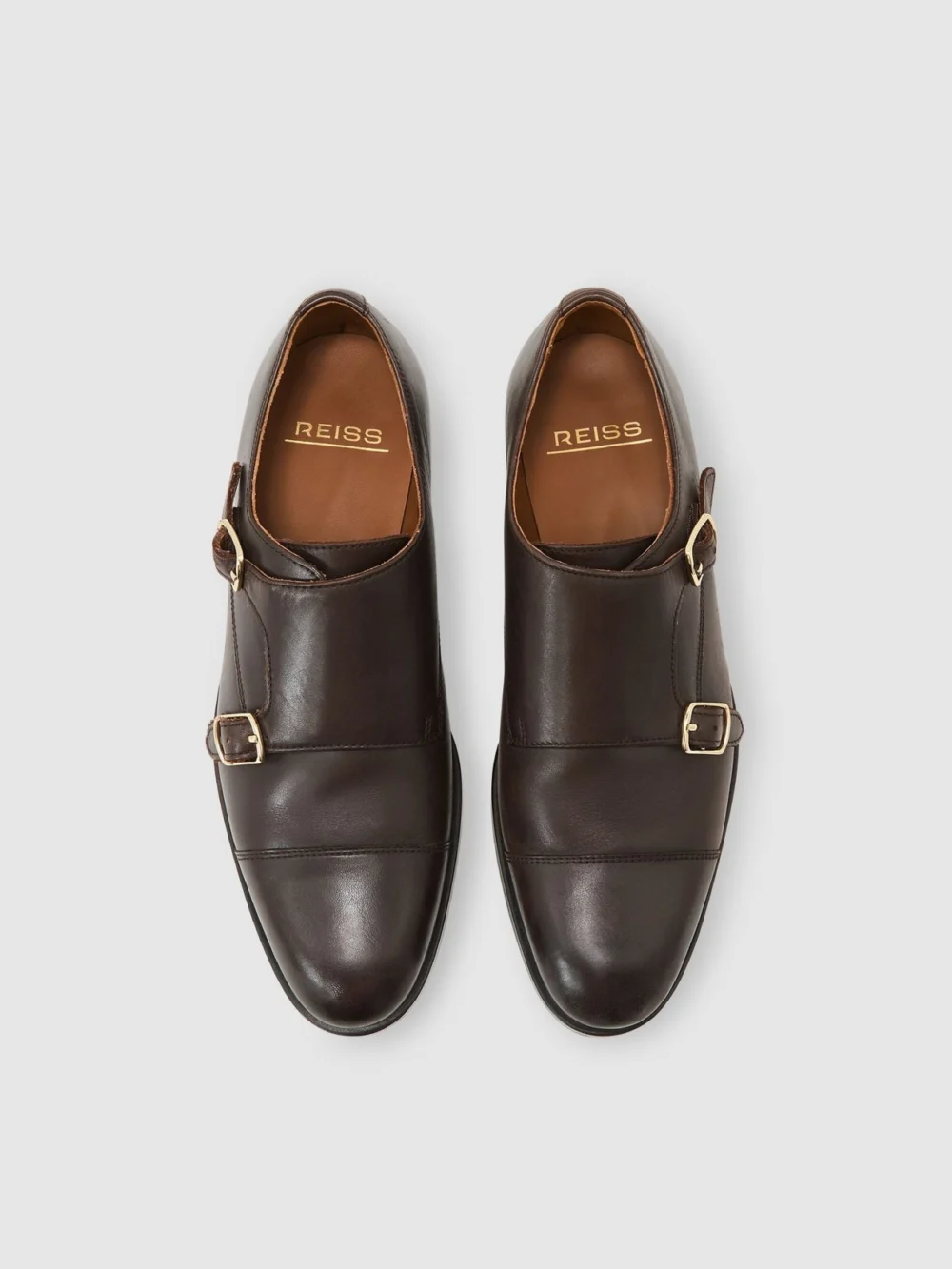 Reiss Dark Brown Leather Double Monk Strap Shoes, view 3
