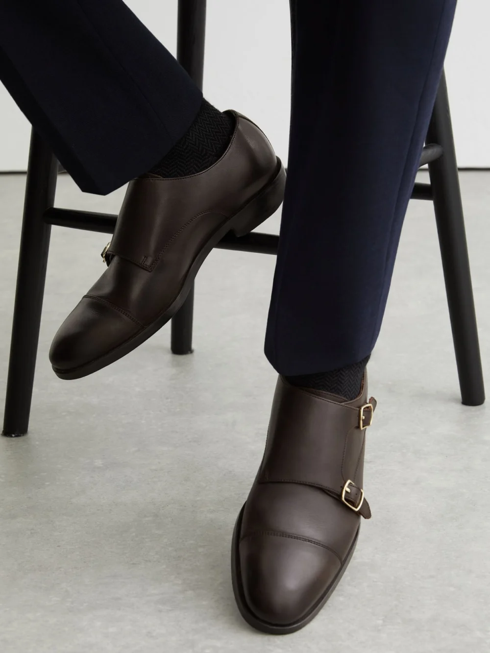 Reiss Dark Brown Leather Double Monk Strap Shoes, view 4