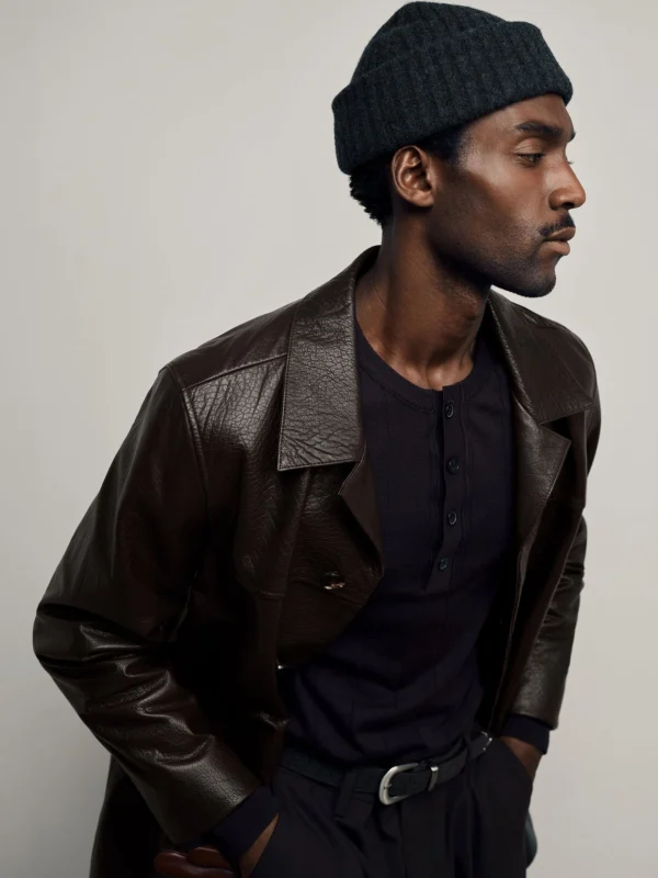 Reiss Dark Brown Leather Trench Jacket