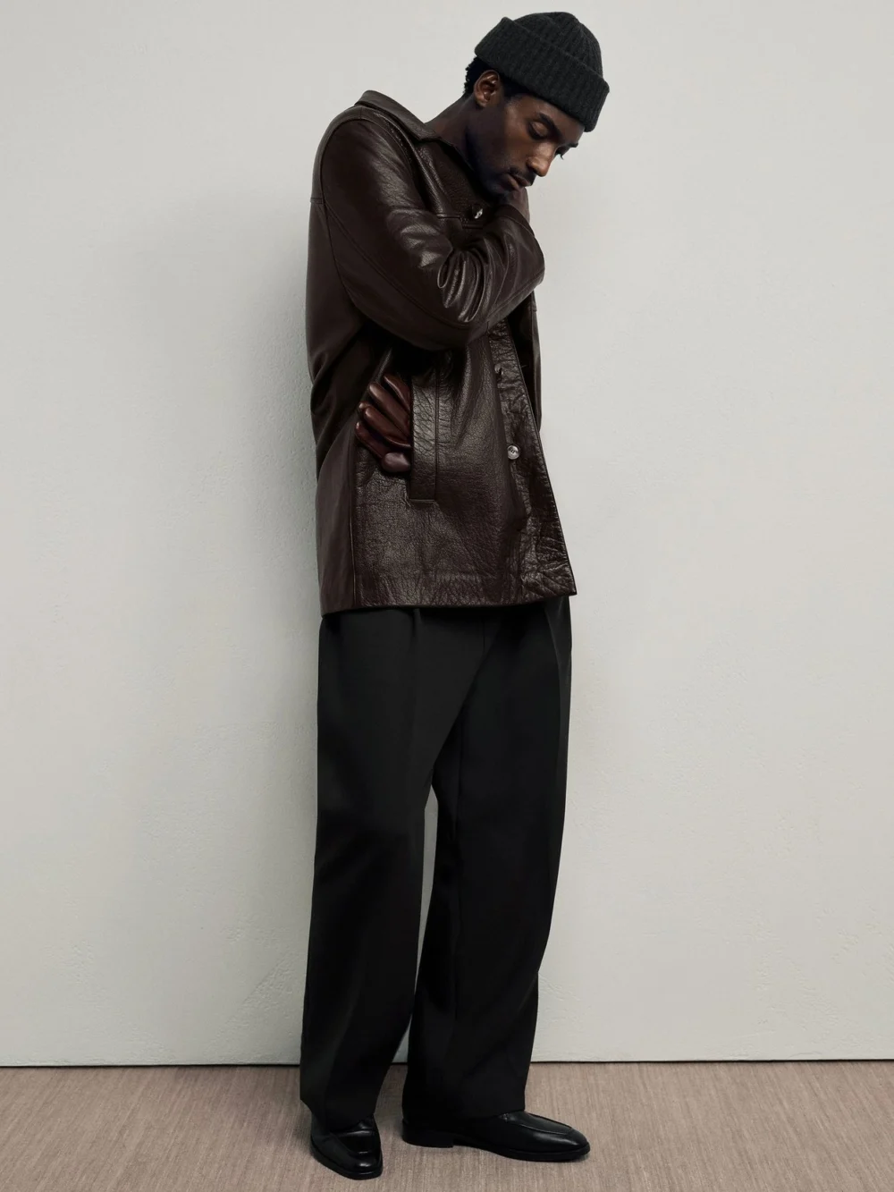 Reiss Dark Brown Leather Trench Jacket, view 3