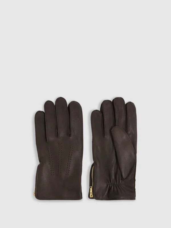 Reiss Dark Brown Leather Zip-side Gloves