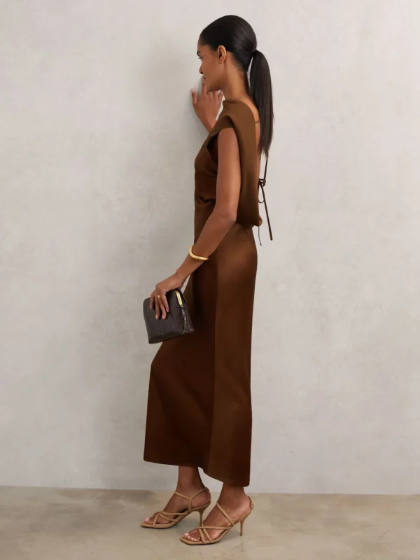 Reiss Dark Brown Petite Satin Draped Open-Back Dress